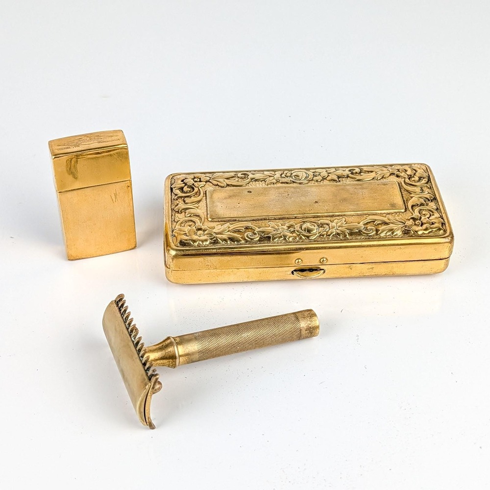 Vintage Gillette Gold Safety Razor Set Floral Embossed Case Purple Velvet Lining